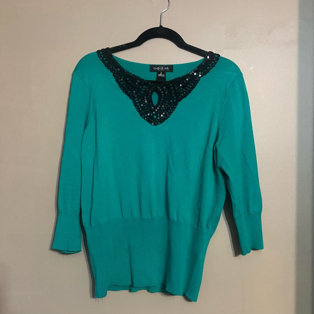 August Silk Women's Green Knit Sweater, Black Sequin Collar & 3/4 Sleeves, Large - Picture 11 of 12